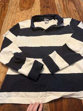 The North Face Men's Navy & White Striped Long Sleeve Rugby Shirt, large preppy